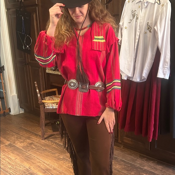 Vintage Tex Mex Red Embroidered Tunic with Fabric Belt Sz M - Picture 3 of 8